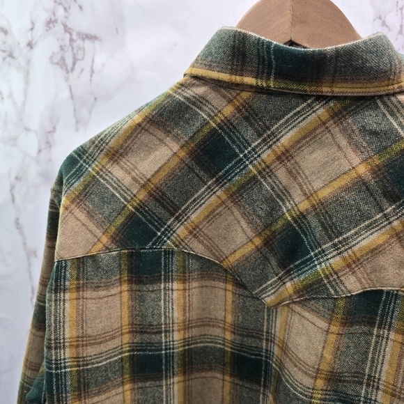 West Wool Shirt Mens XL Long Yellow Green 70s Pearl Snap Plaid Western Point - Picture 6 of 12
